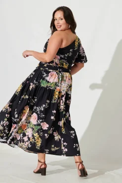 Discount Berlyn One Shoulder Maxi Dress Black With Pink Floral Dresses|Party