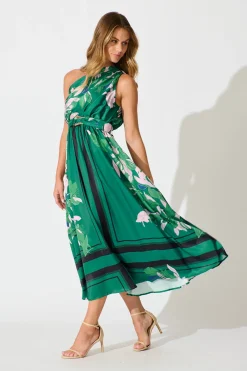 Clearance Bernadette One Shoulder Midi Dress In Emerald Print Satin Dresses|Party