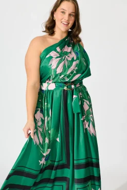 Clearance Bernadette One Shoulder Midi Dress In Emerald Print Satin Dresses|Party