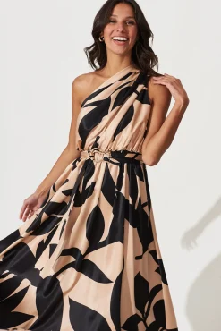 Hot Bernadette One Shoulder Midi Dress In Brown With Black Print Satin Dresses|Formal