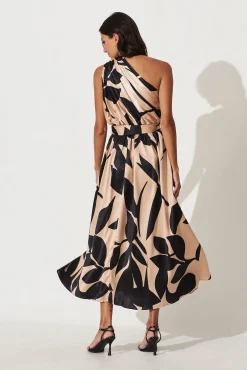 Hot Bernadette One Shoulder Midi Dress In Brown With Black Print Satin Dresses|Formal