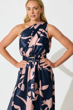 New Bernadette One Shoulder Midi Dress in Navy with Mocha Satin Dresses|Party