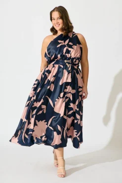 New Bernadette One Shoulder Midi Dress in Navy with Mocha Satin Dresses|Party
