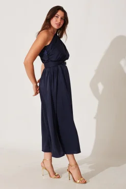 New Bernadette One Shoulder Midi Dress In Navy Satin Dresses|Formal