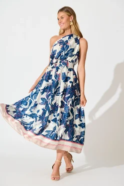 Sale Bernadette One Shoulder Midi Dress In Navy Floral Satin Dresses|Party
