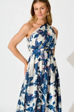 Sale Bernadette One Shoulder Midi Dress In Navy Floral Satin Dresses|Party