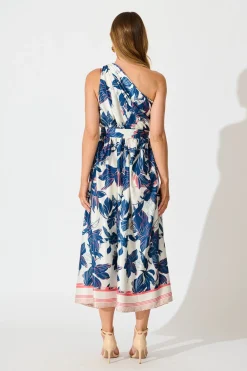 Sale Bernadette One Shoulder Midi Dress In Navy Floral Satin Dresses|Party