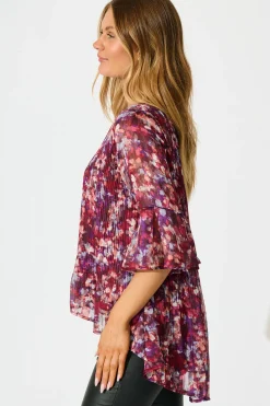New Bettina Top in Wine Floral Plisse Tops|Workwear
