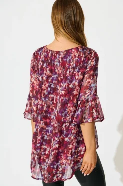 New Bettina Top in Wine Floral Plisse Tops|Workwear
