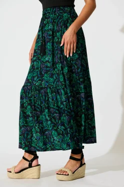 Best Bilboa Maxi Skirt in Emerald with Green and Blue Floral Bottoms|Skirts & Shorts
