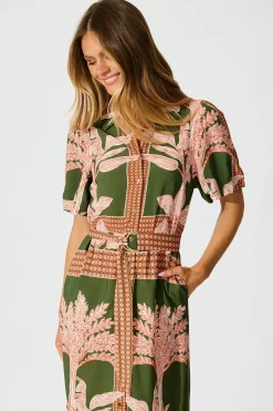 New Bittersweet Midi Shirt Dress in Khaki Placement Print Dresses|Casual