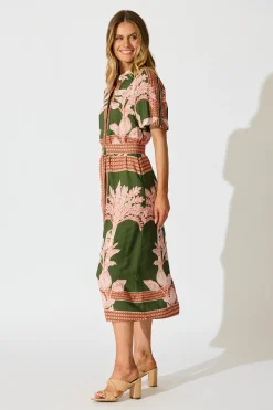 New Bittersweet Midi Shirt Dress in Khaki Placement Print Dresses|Casual