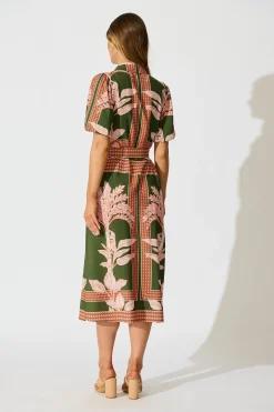 New Bittersweet Midi Shirt Dress in Khaki Placement Print Dresses|Casual