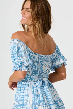 Discount Blythe Midi Dress in Blue with White Print Dresses|Casual