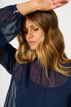 Outlet Boardroom Belle Top in Navy Chiffon Tops|Workwear