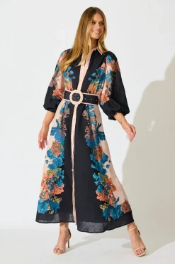 Online Botanical Bliss Maxi Shirt Dress in Black Multi Floral Linen Blend Dresses|Party