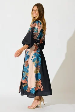 Online Botanical Bliss Maxi Shirt Dress in Black Multi Floral Linen Blend Dresses|Party