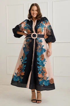 Online Botanical Bliss Maxi Shirt Dress in Black Multi Floral Linen Blend Dresses|Party