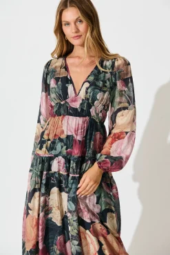 Outlet Brigette Midi Dress in Black with Multi Floral Print Dresses|Party
