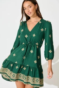 Best Byron Dress in Emerald with Cream Embroidery Dresses|Casual