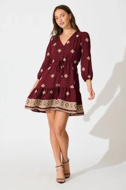 Clearance Byron Dress in Wine with Cream Embroidery Dresses|Casual