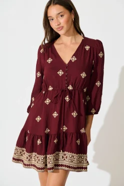 Clearance Byron Dress in Wine with Cream Embroidery Dresses|Casual