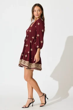Clearance Byron Dress in Wine with Cream Embroidery Dresses|Casual