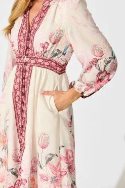 Hot Cabernet Bloom Midi Dress in Wine Floral Linen Blend Dresses|Casual