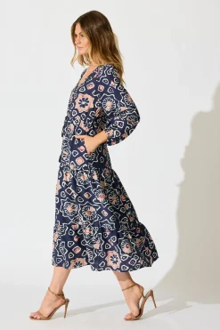 Fashion Calista Midi Dress in Navy Abstract Floral Print Dresses