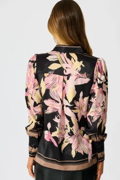 Hot Callia Shirt in Black with Blush Floral Border Print Satin Tops|Workwear