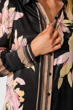 Hot Callia Shirt in Black with Blush Floral Border Print Satin Tops|Workwear