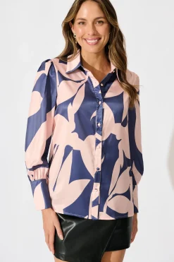 Hot Callia Shirt in Navy with Blush Print Tops