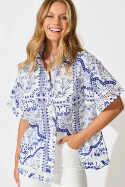 New Capri Shirt In White and Blue Cotton Linen Tops|Casual
