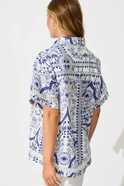 New Capri Shirt In White and Blue Cotton Linen Tops|Casual