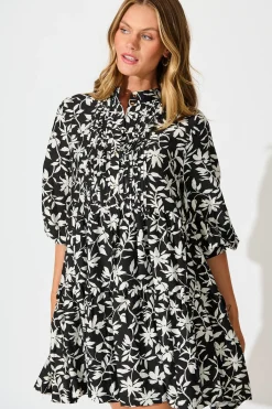 Fashion Caracelle Smock Dress Black with Cream Floral Dresses|Casual