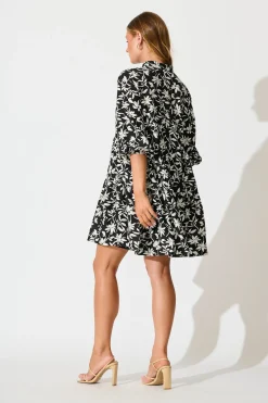 Fashion Caracelle Smock Dress Black with Cream Floral Dresses|Casual