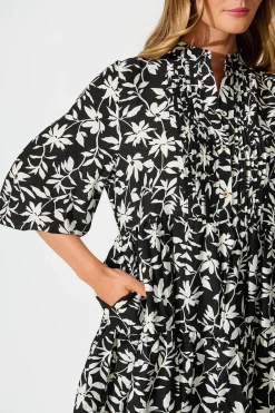Fashion Caracelle Smock Dress Black with Cream Floral Dresses|Casual