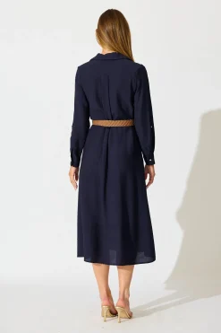 Hot Caravelle Midi Shirt Dress in Navy with Belt Dresses|Casual