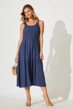 Online Caribbean Midi Dress In Navy Linen Dresses|Casual