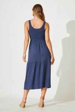 Online Caribbean Midi Dress In Navy Linen Dresses|Casual