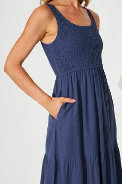 Online Caribbean Midi Dress In Navy Linen Dresses|Casual