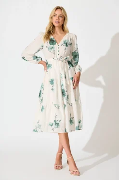 Online Carley Midi Dress in Cream with Green Floral Linen Blend Dresses|Casual