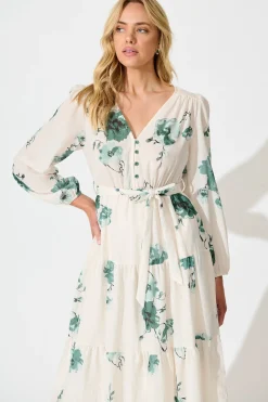 Online Carley Midi Dress in Cream with Green Floral Linen Blend Dresses|Casual