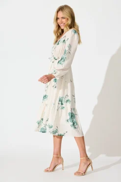 Online Carley Midi Dress in Cream with Green Floral Linen Blend Dresses|Casual
