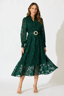 Sale Carolina Midi Dress in Emerald Floral Burnout Chiffon Dresses|Party