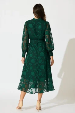 Sale Carolina Midi Dress in Emerald Floral Burnout Chiffon Dresses|Party