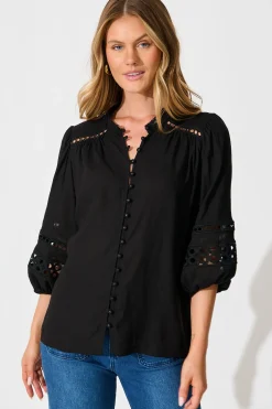 Discount Cascades Top in Black Linen Blend Tops|Casual