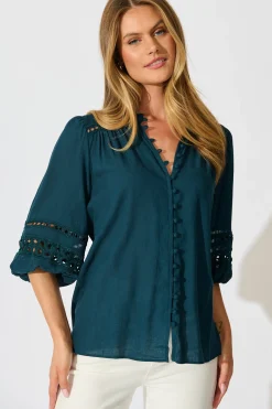 Sale Cascades Top in Emerald Linen Blend Tops|Casual