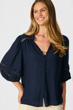 Best Cascades Top in Navy Linen Blend Tops|Casual