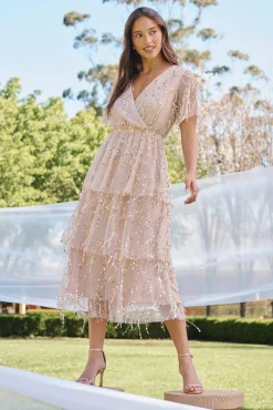 New Catalina Midi Dress In Rose Gold Sequin Dresses|Cocktail